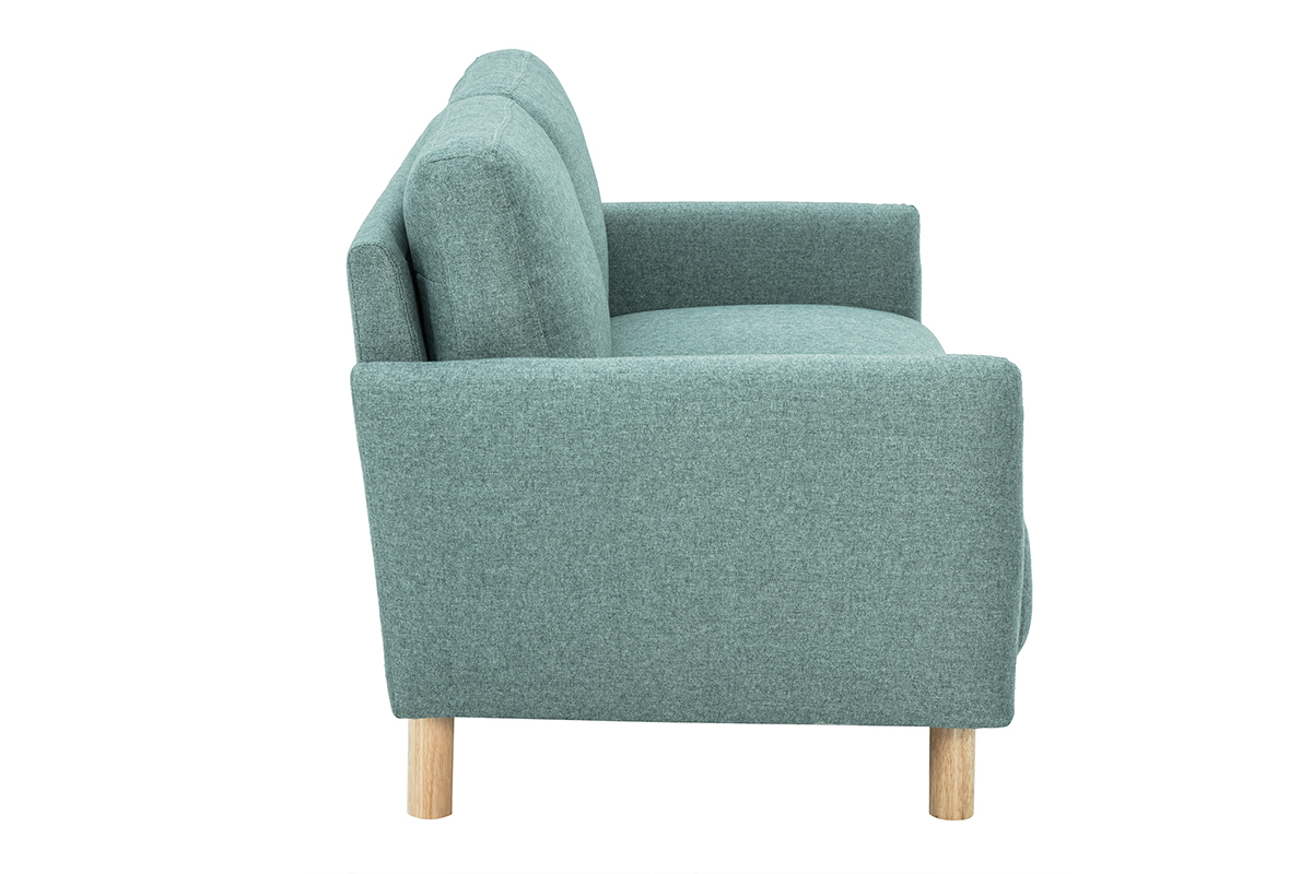 Sof� de 2 plazas en tela verde gris�ceo, vista lateral, patas de madera clara.