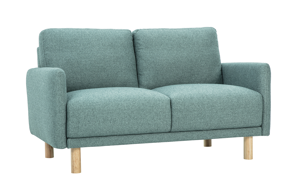 Sof� de 2 plazas verde gris�ceo de tela, patas de madera clara, vista de 3/4.