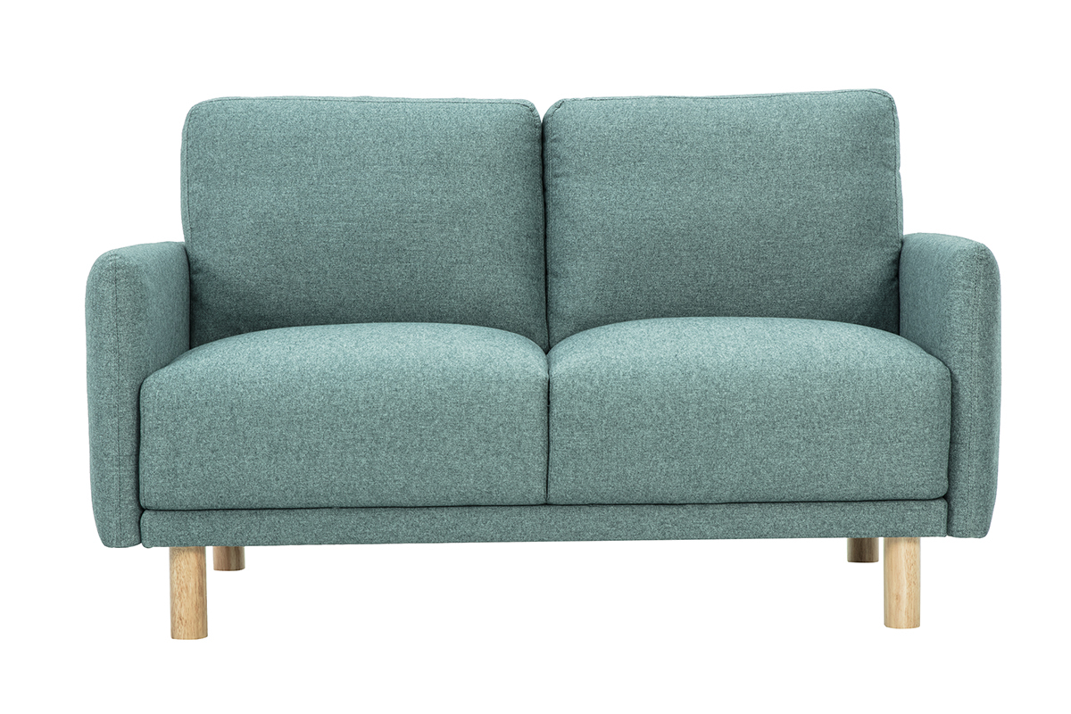 Sof� de 2 plazas verde gris�ceo, madera clara, vista frontal.