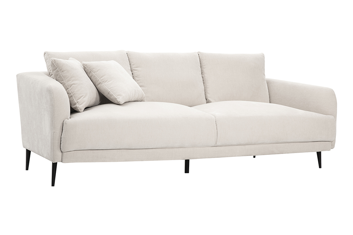 Sof de diseo de 3 plazas de tela de terciopelo beige y metal negro JERRY