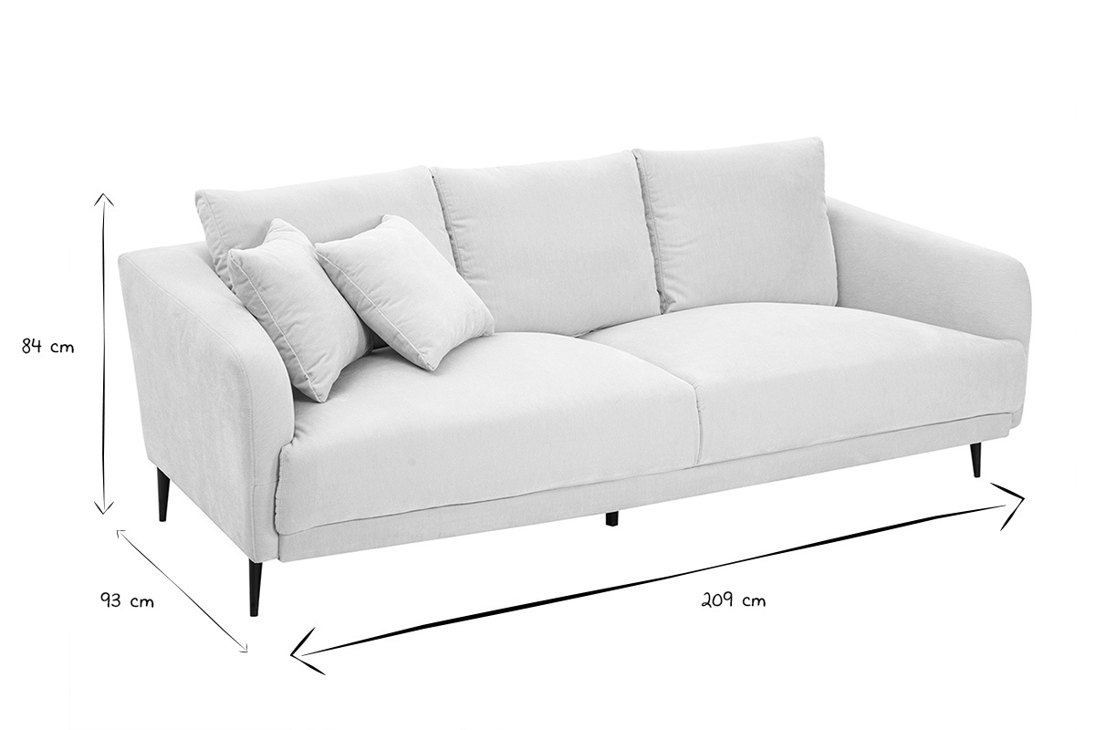 Sof de diseo de 3 plazas de tela de terciopelo beige y metal negro JERRY