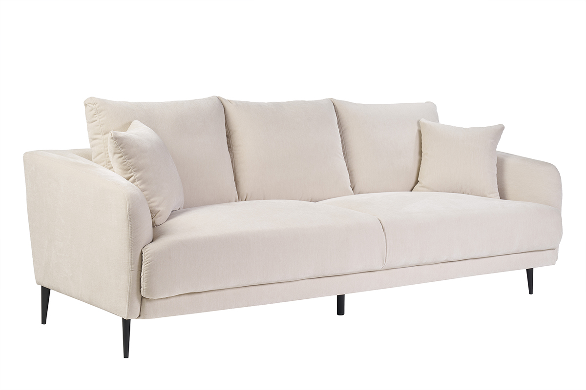 Sof de diseo de 3 plazas de tela de terciopelo beige y metal negro JERRY
