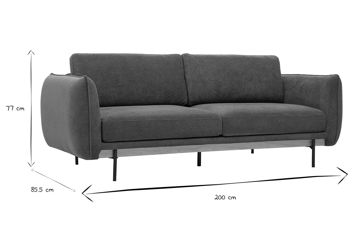 Dimensiones del sof� de dise�o de 3 plazas TODD en negro y blanco: L200 x P85,5 x H77 cm.