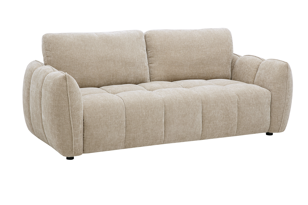 Canap� de dise�o de 3 plazas color topo, vista en 3/4, con asiento capiton� y formas redondeadas.