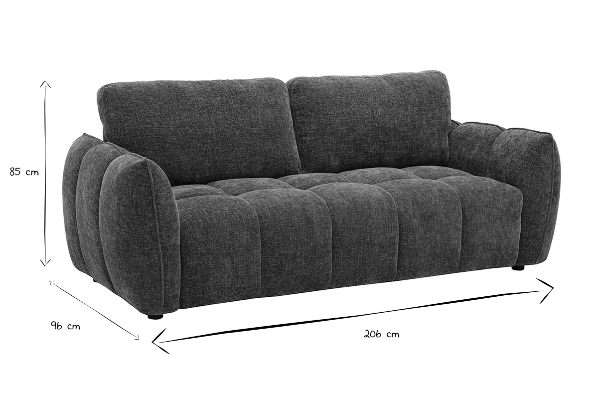 Dimensiones del sof� de dise�o de 3 plazas: 206 cm de largo, 96 cm de profundidad, 85 cm de altura en negro y blanco.