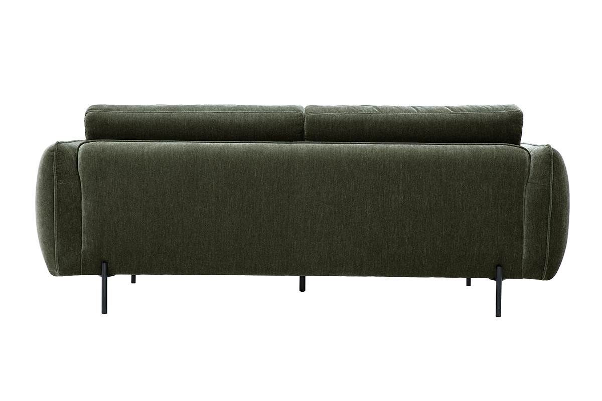 Sof� de dise�o de 3 plazas en tejido con efecto terciopelo verde caqui, vista trasera sobre patas de metal negro.