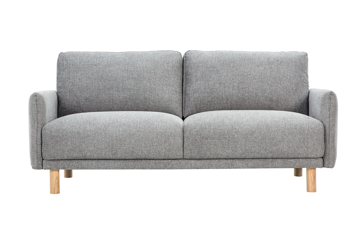 Sof� de 3 plazas gris de tela efecto terciopelo, patas de madera clara, vista frontal.
