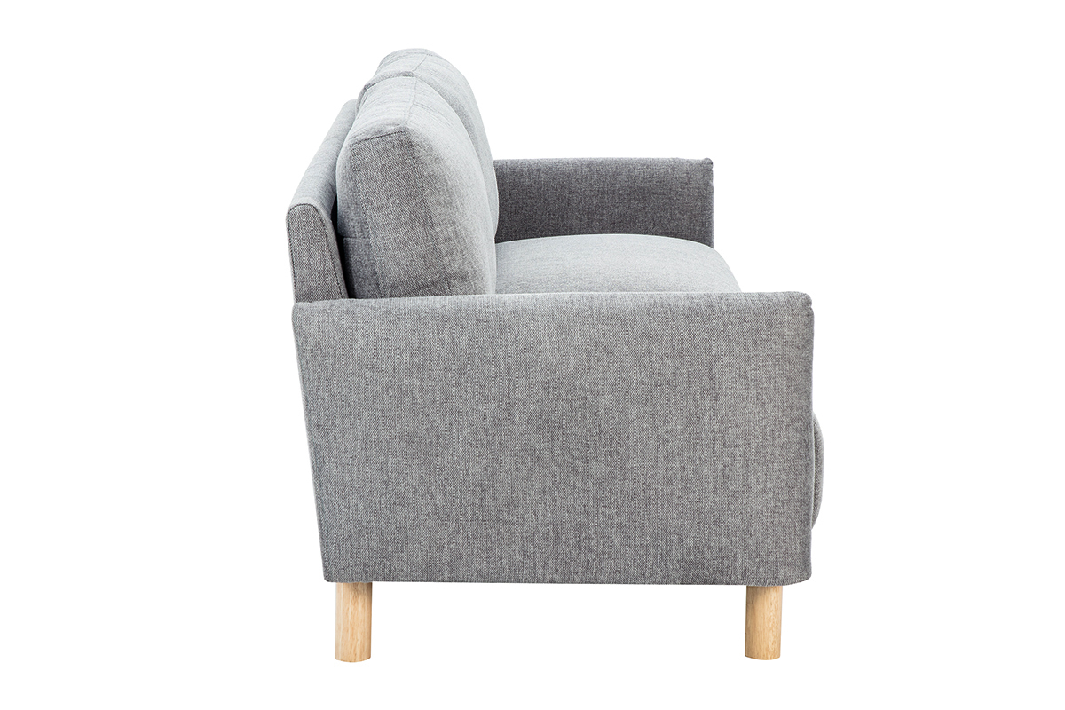 Sof� de 3 plazas gris efecto terciopelo, patas de madera clara, vista lateral.