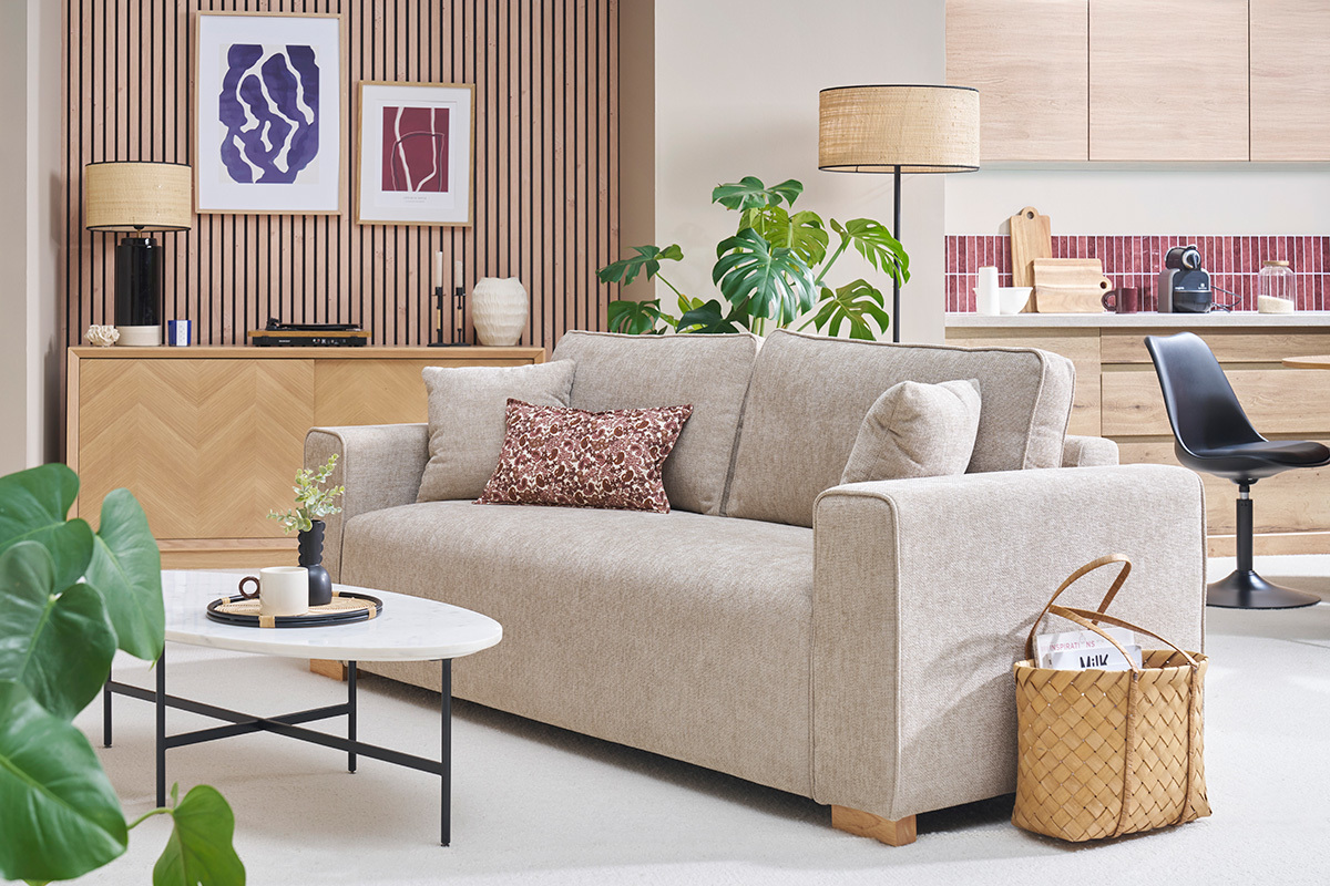 Sof� de dise�o de 3 plazas en tela efecto terciopelo texturizado beige PEPPER