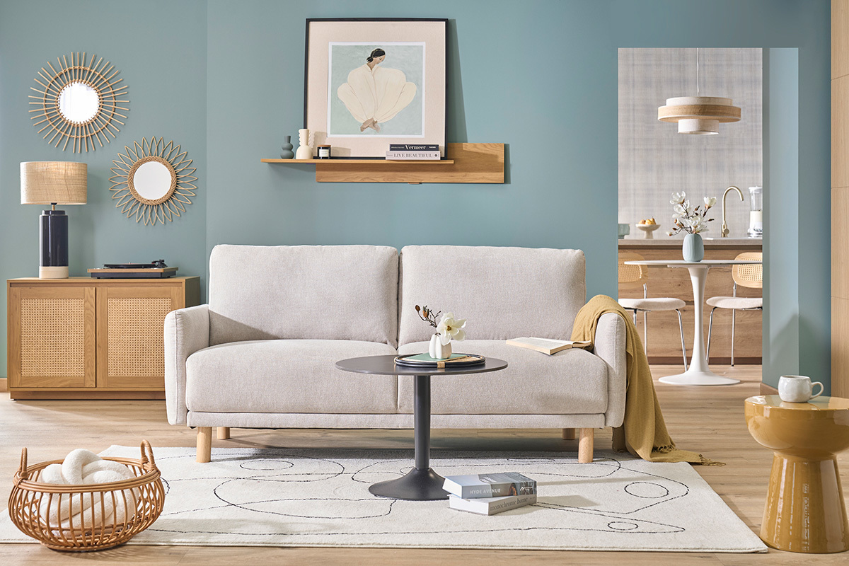 Sof� de dise�o de 3 plazas en tela efecto terciopelo texturizado beige y madera clara BONO