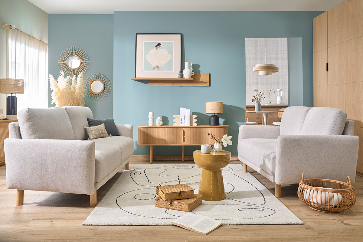 Sof� de dise�o de 3 plazas en tela efecto terciopelo texturizado beige y madera clara BONO