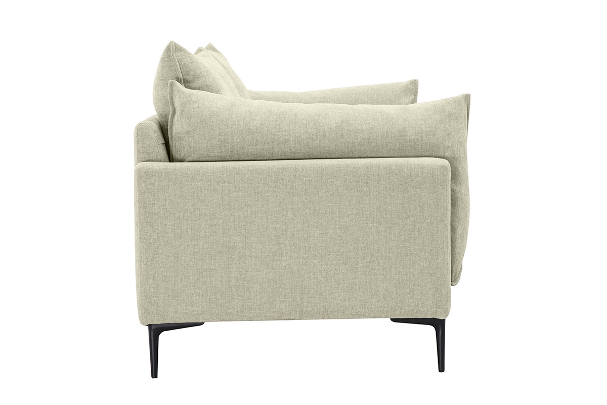 Sof� beige MARIUS de 3 plazas, vista lateral, patas de metal negro.