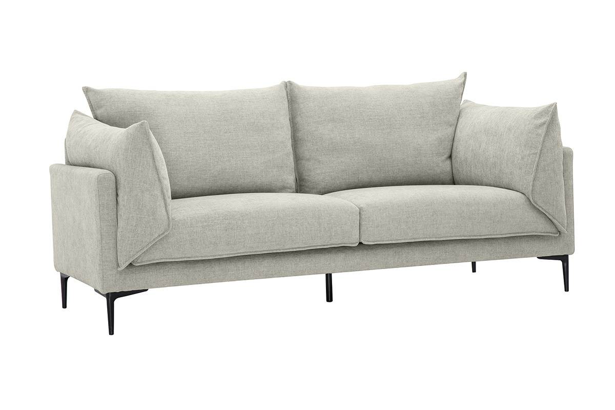 Sof� de dise�o de 3 plazas en tela efecto terciopelo texturizado beige y metal negro MARIUS