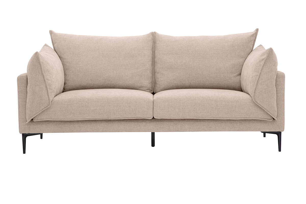 Sof� de dise�o de 3 plazas en tejido con efecto terciopelo beige con patas de metal negro, vista frontal.