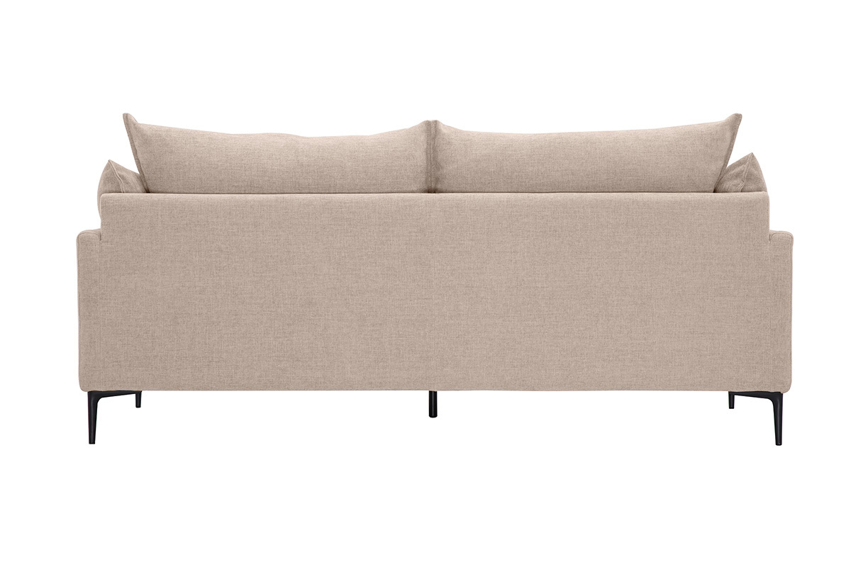 Canap� de dise�o de 3 plazas beige en tejido con efecto terciopelo, vista trasera con patas de metal negro.