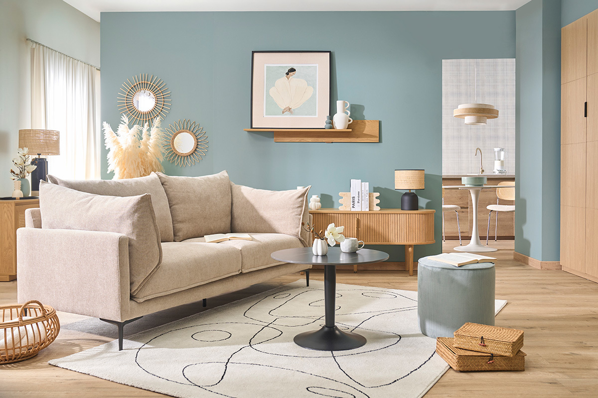 Sof� de dise�o de 3 plazas en tela efecto terciopelo texturizado beige y metal negro MARIUS