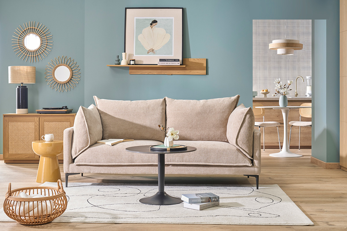 Sof� de dise�o de 3 plazas en tela efecto terciopelo texturizado beige y metal negro MARIUS