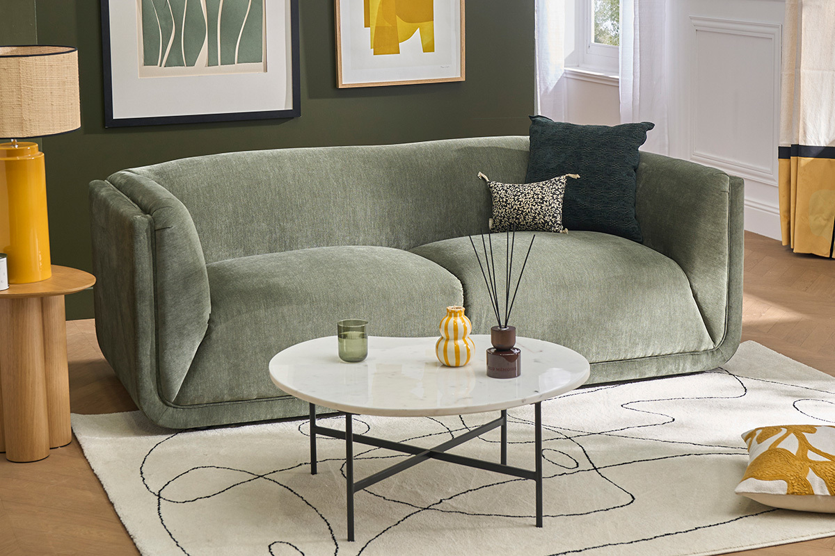 Sof� de dise�o de 3 plazas en tela efecto terciopelo verde caqui HOSBO