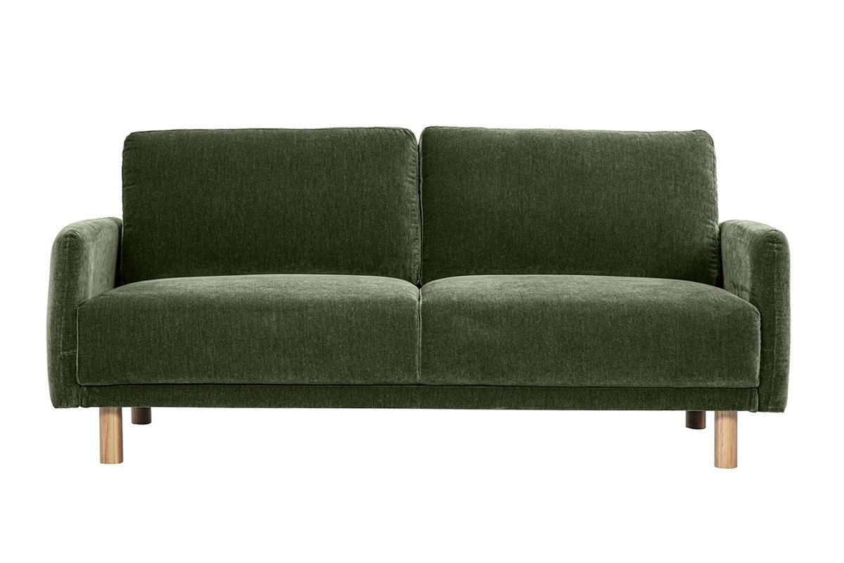 Sof� de 3 plazas verde caqui efecto terciopelo, patas de madera clara, vista frontal.