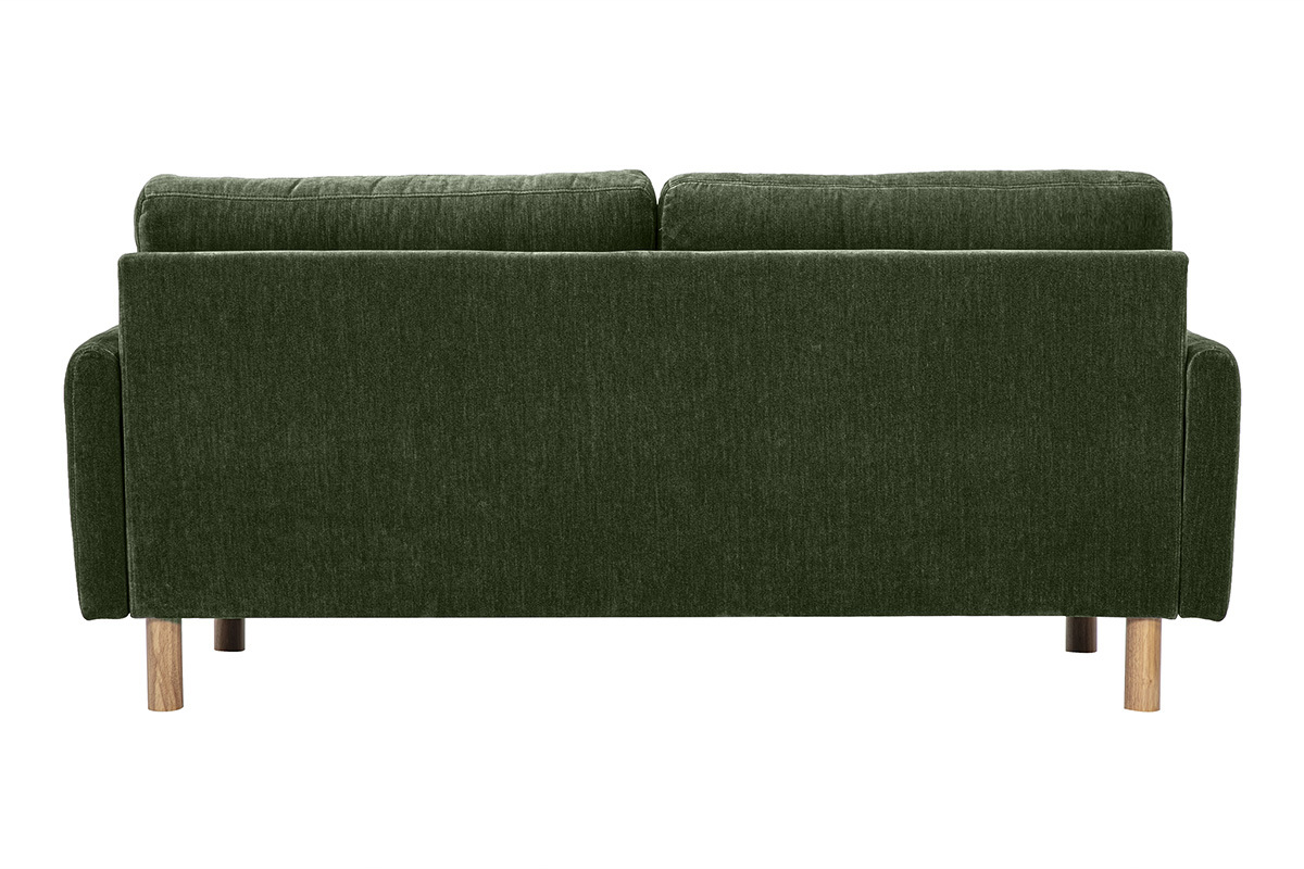 Sof� verde caqui de tela efecto terciopelo, vista trasera, patas de madera clara.