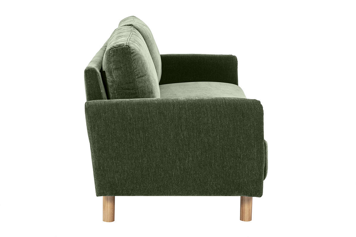 Sof� de 3 plazas en tela verde caqui y patas de madera clara, vista lateral.