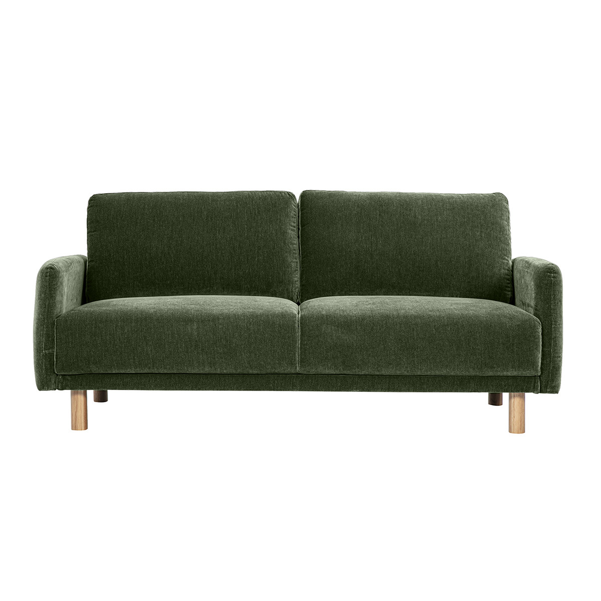 Sofá de diseño de 3 plazas en tela efecto terciopelo verde caqui y madera clara BONO