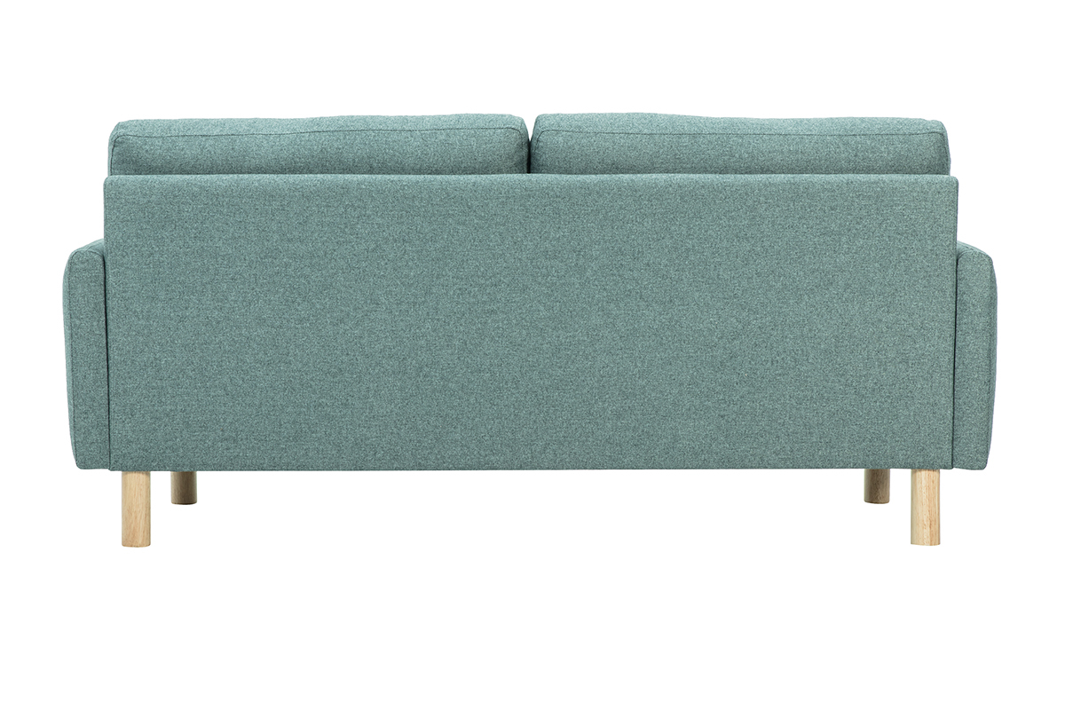 Vista trasera del sof� de 3 plazas en tela verde gris�ceo con patas de madera clara.