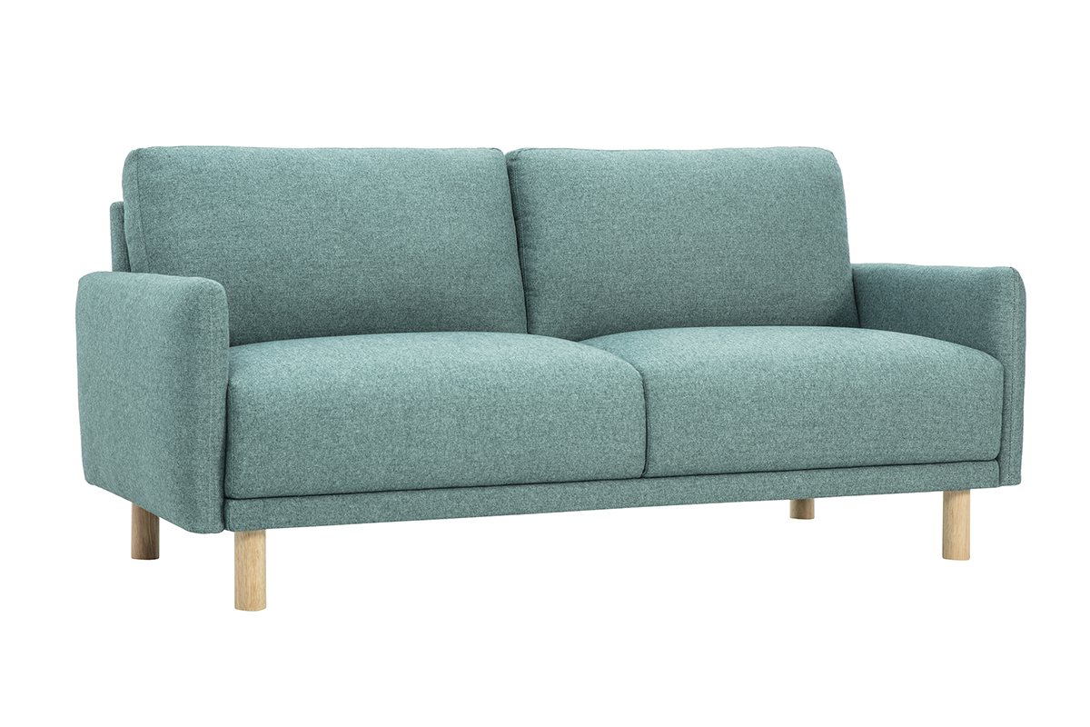 Sof� de 3 plazas en tela verde gris�ceo con patas de madera clara, vista 3/4.