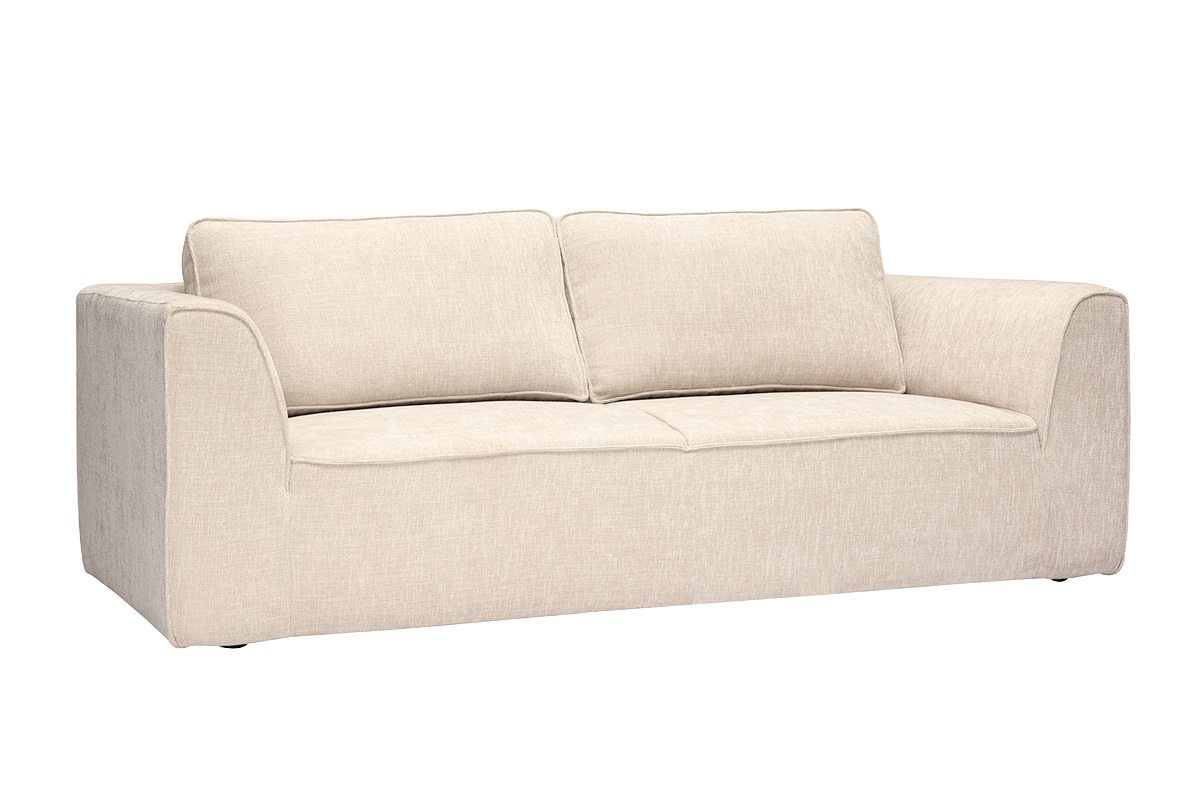 Sof� de dise�o de 3 plazas en tejido con efecto terciopelo texturizado beige, vista de 3/4