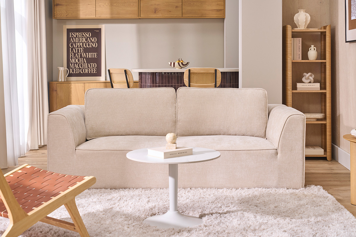 Sof� de dise�o en tejido efecto terciopelo texturizado beige de 3 plazas GRAMMY