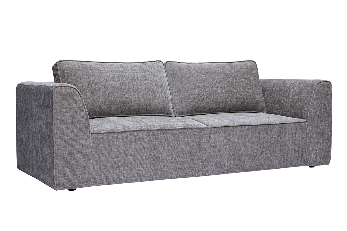 Sof� de dise�o de 3 plazas en tejido efecto terciopelo texturizado gris, vista en 3/4