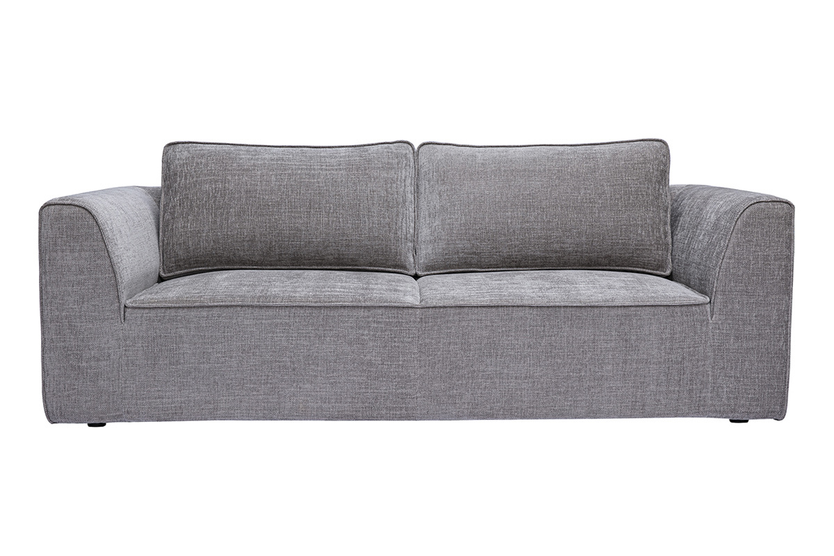 Canap� de dise�o de 3 plazas en tejido efecto terciopelo texturizado gris, vista frontal.