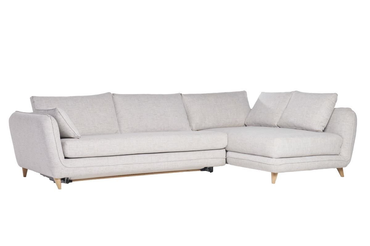 Sof de esquina convertible derecho escandinavo de 5 plazas en tejido gris claro jaspeado y madera clara CREEP