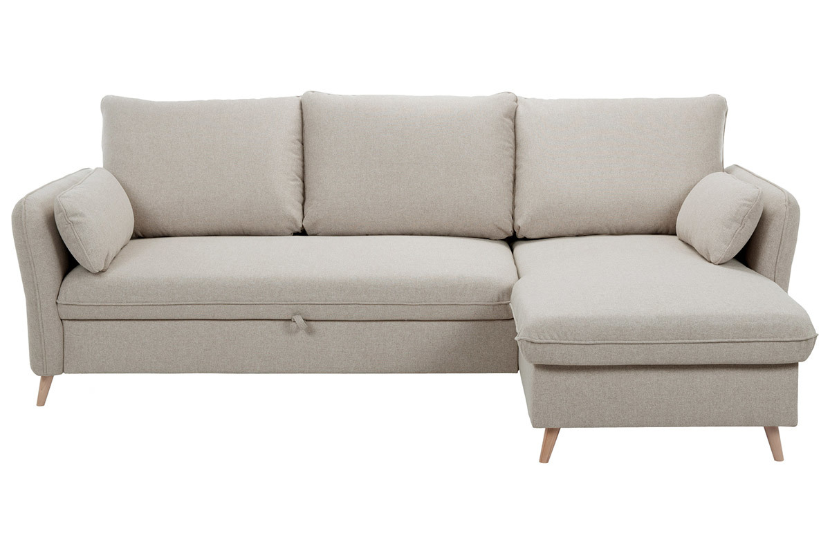 Sof� de esquina convertible reversible con arc�n 3-4 plazas en tejido beige y madera clara DRISS