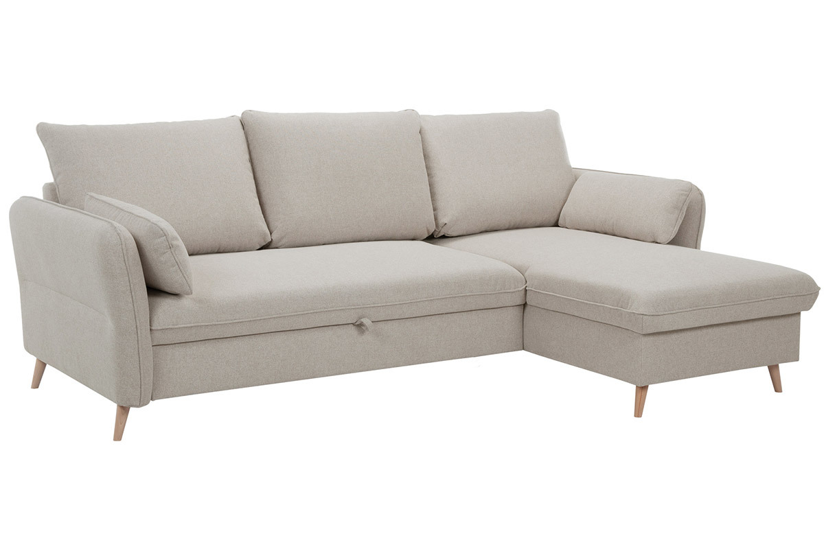 Sof� de esquina convertible reversible con arc�n 3-4 plazas en tejido beige y madera clara DRISS