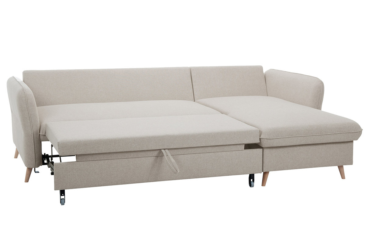 Sof� de esquina convertible reversible con arc�n 3-4 plazas en tejido beige y madera clara DRISS