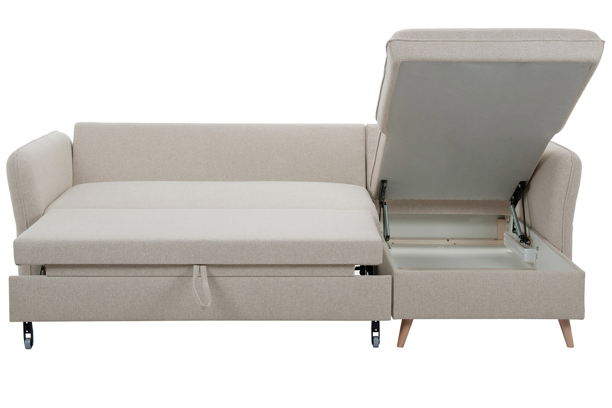 Sof� de esquina convertible reversible con arc�n 3-4 plazas en tejido beige y madera clara DRISS