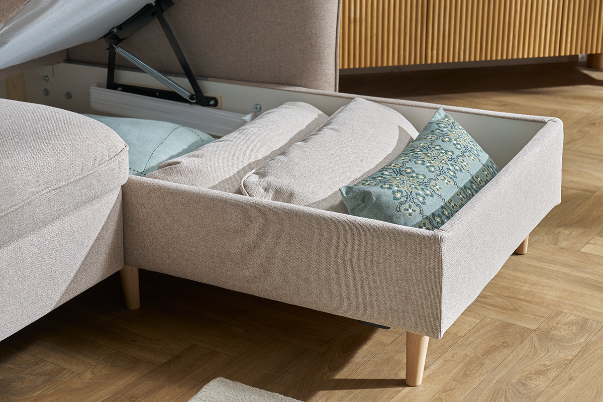 Sof� de esquina convertible reversible con arc�n 3-4 plazas en tejido beige y madera clara DRISS