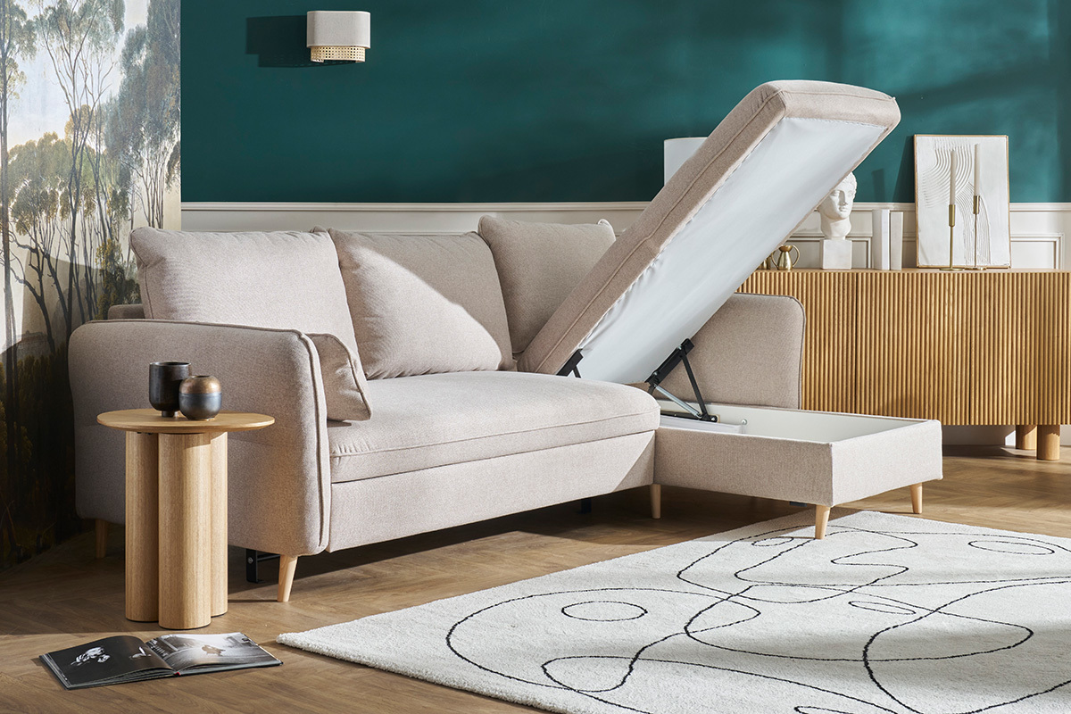 Sof� de esquina convertible reversible con arc�n 3-4 plazas en tejido beige y madera clara DRISS