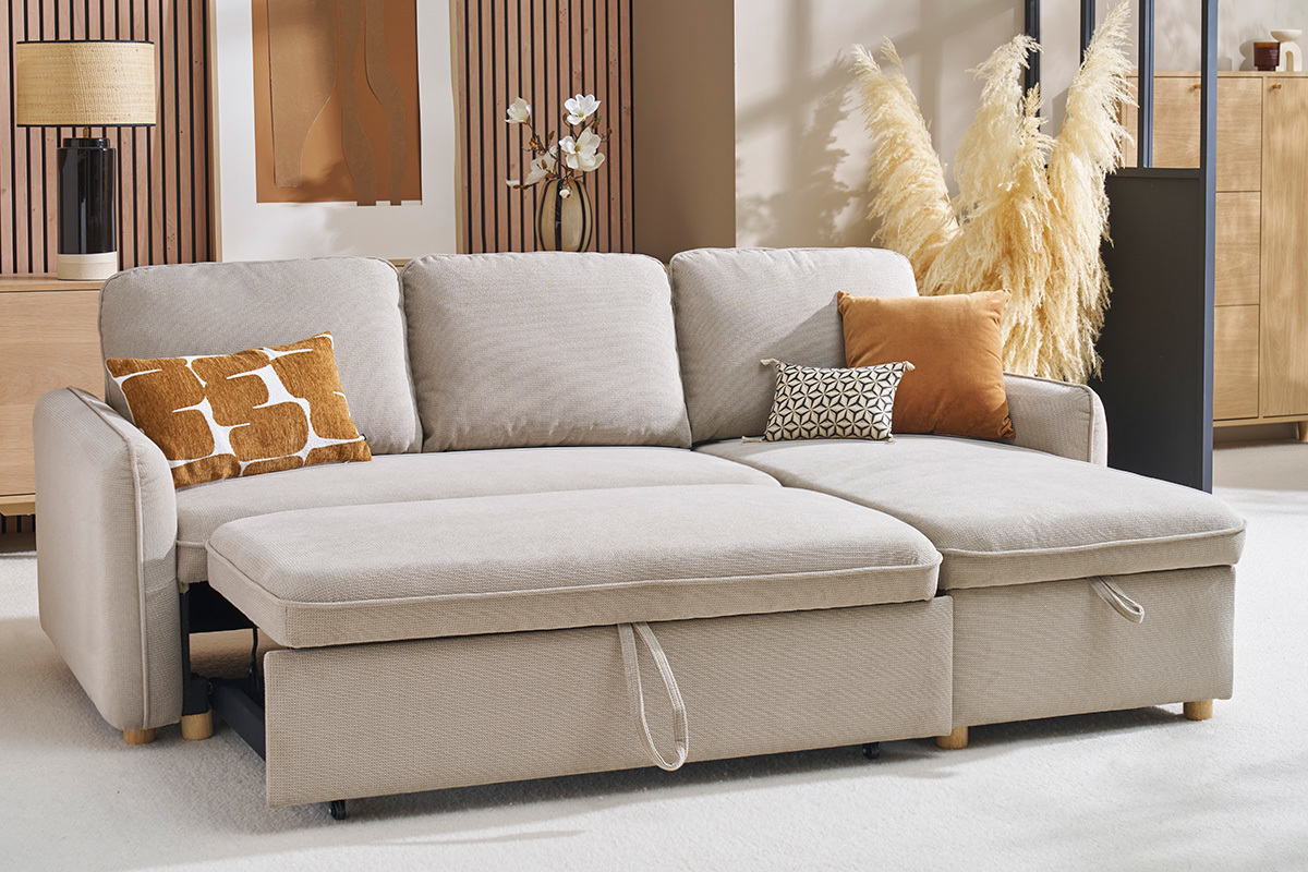 Sof de esquina convertible reversible con arcn 3 plazas en tejido chenilla beige y madera clara ORSO