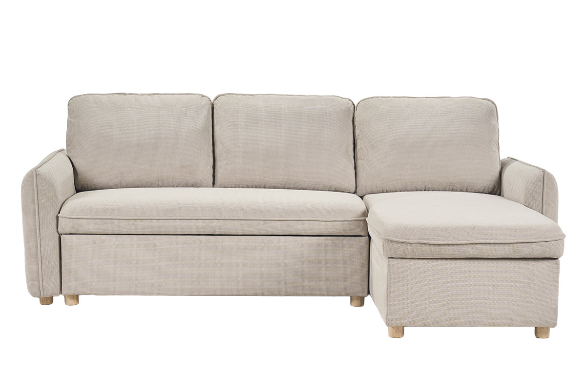 Sof� esquinero convertible beige ORSO, vista frontal, tres plazas, patas de madera clara.