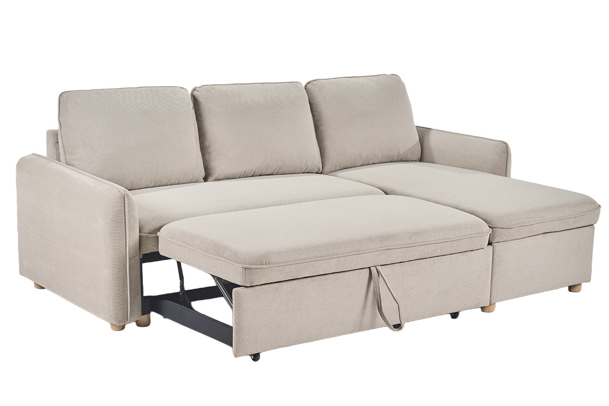 Sof� esquinero convertible beige 3 plazas con ba�l, tela de chenilla, madera clara, vista de 3/4.