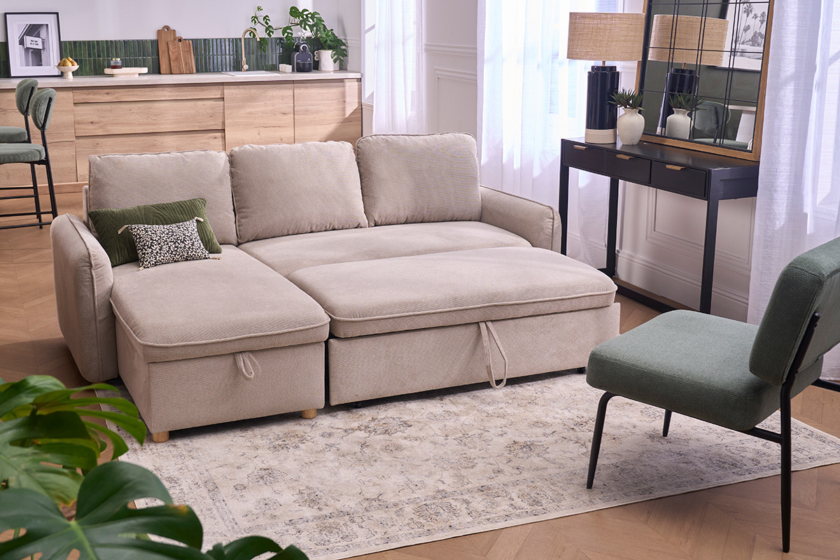 Sof� de esquina convertible reversible con arc�n 3 plazas en tejido chenilla beige y madera clara ORSO