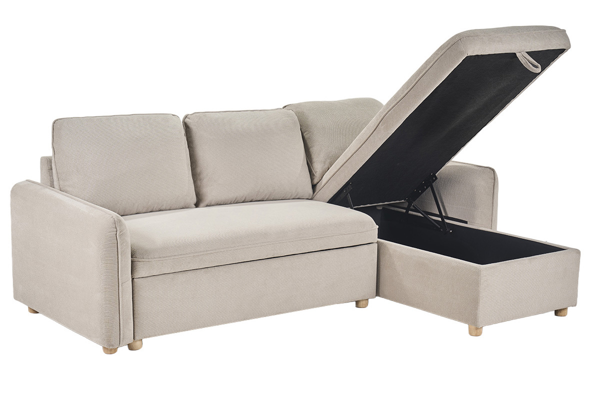 Sof� de esquina convertible reversible con arc�n 3 plazas en tejido chenilla beige y madera clara ORSO