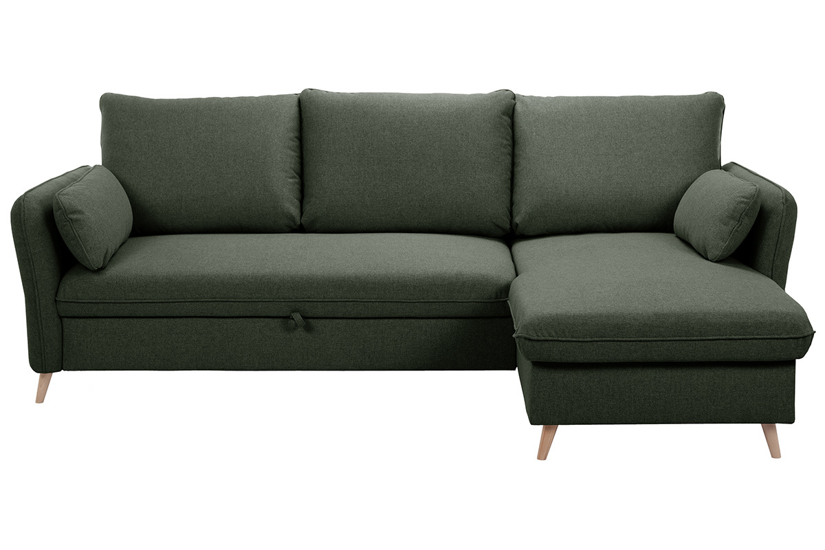 Sof de esquina convertible reversible con bal 3-4 plazas en tela verde caqui y madera clara DRISS