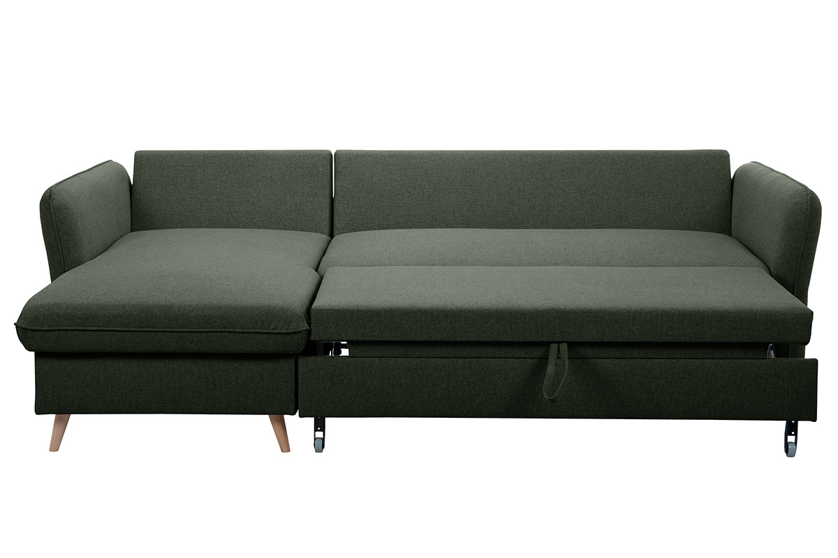 Sof de esquina convertible reversible con bal 3-4 plazas en tela verde caqui y madera clara DRISS