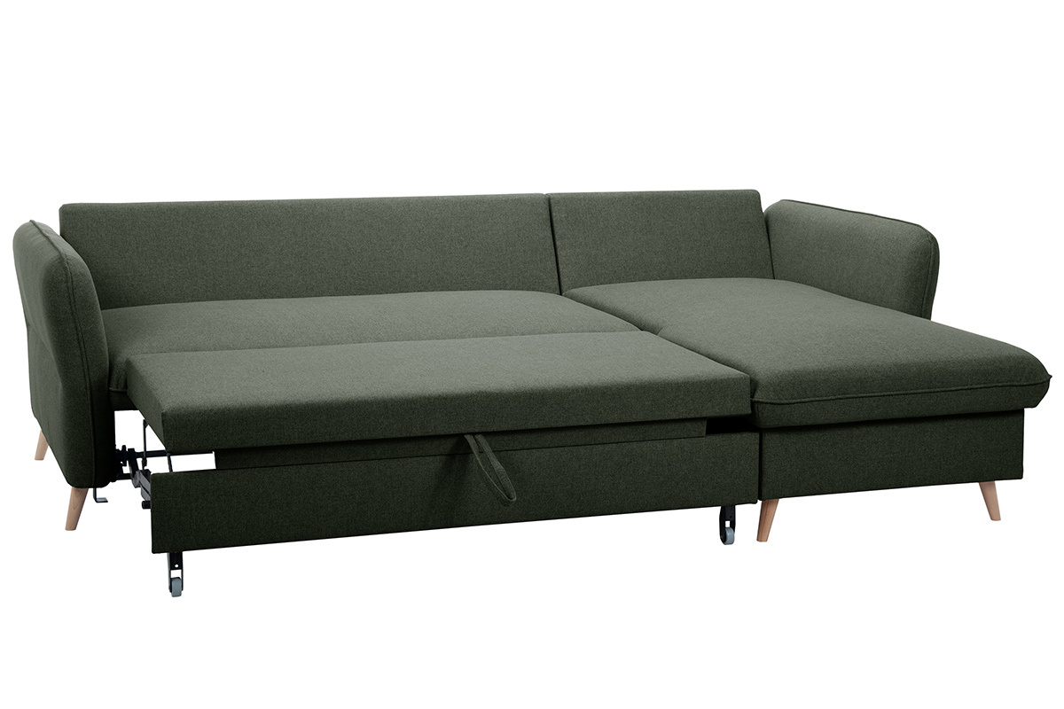 Sof de esquina convertible reversible con bal 3-4 plazas en tela verde caqui y madera clara DRISS