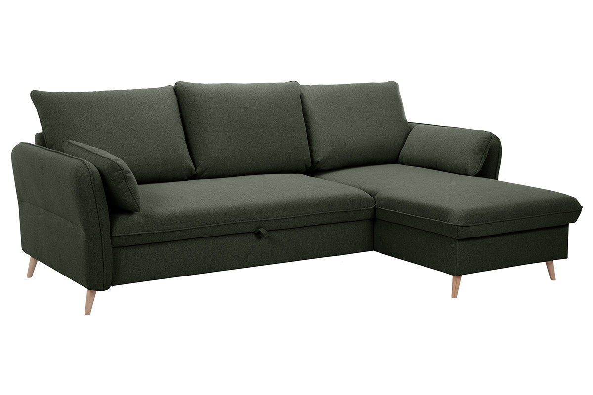 Sof de esquina convertible reversible con bal 3-4 plazas en tela verde caqui y madera clara DRISS