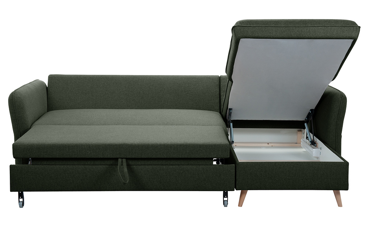 Sof de esquina convertible reversible con bal 3-4 plazas en tela verde caqui y madera clara DRISS