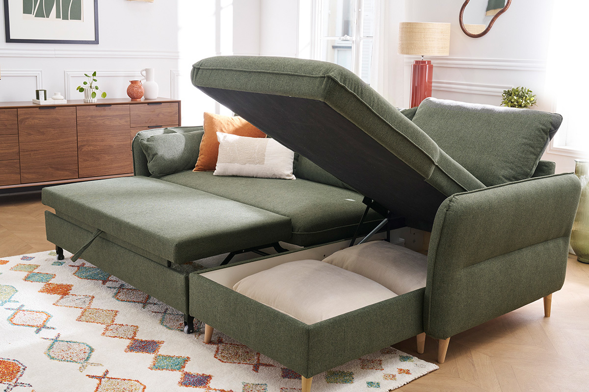 Sof de esquina convertible reversible con bal 3-4 plazas en tela verde caqui y madera clara DRISS